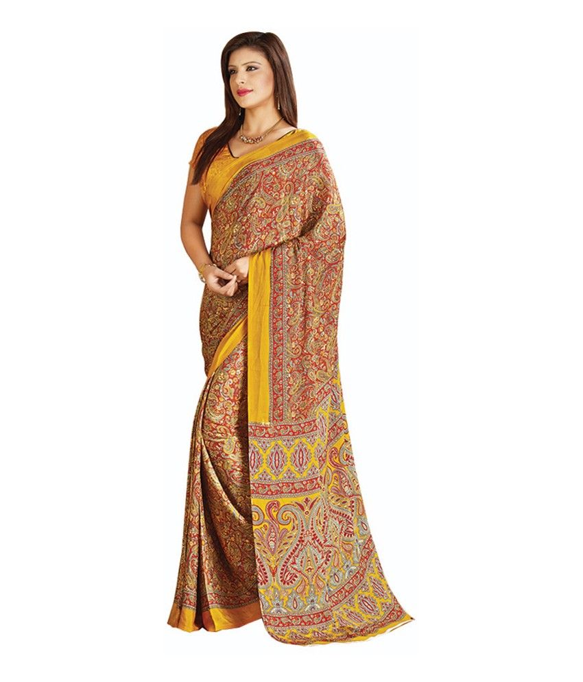 JK Fabric Yellow Pure Crepe Printed Eye Catching Saree With Blouse ...