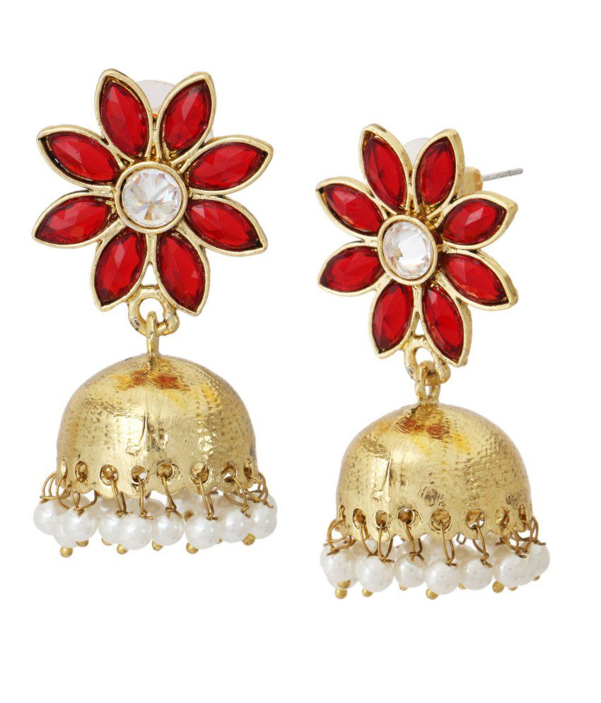     			The Jewelbox Red Floral 22k Gold Plated Jhumki Earring