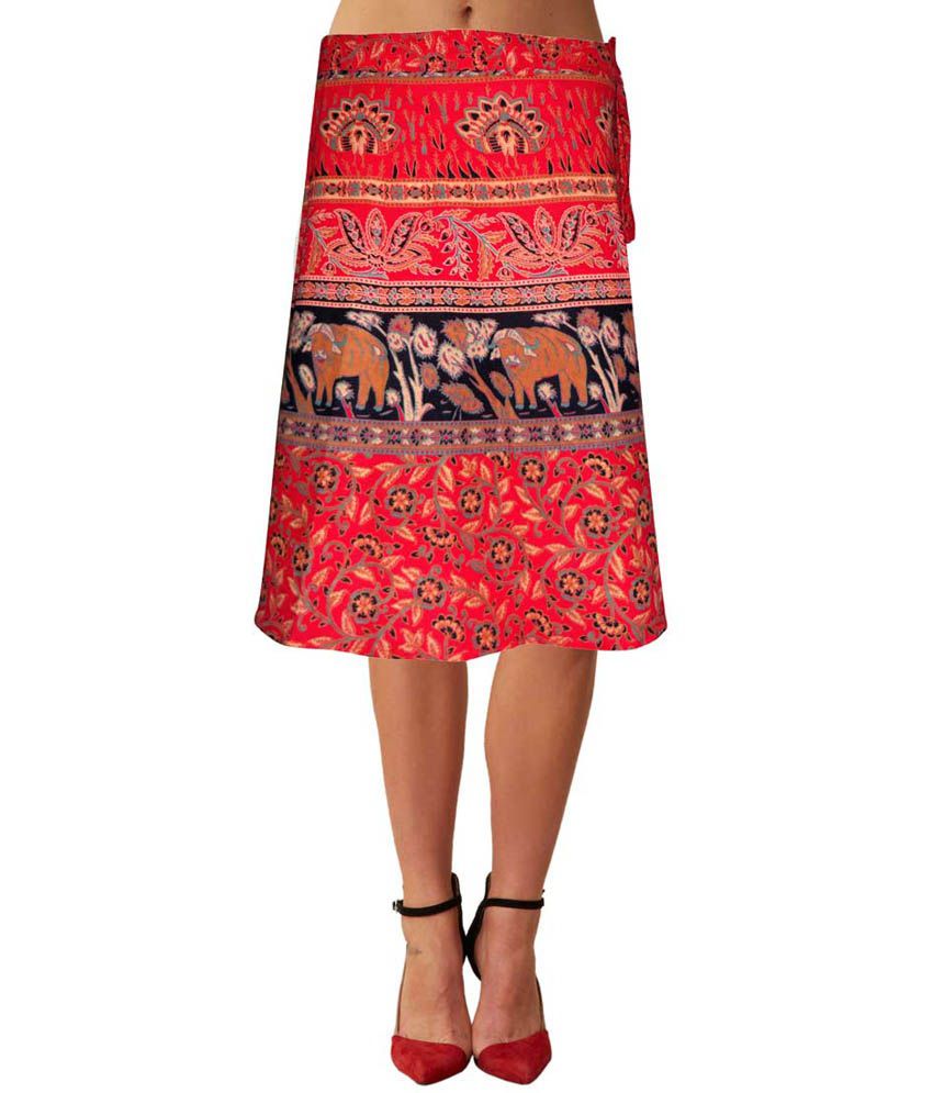     			Sttoffa Red Printed Ethnic Style Cotton Knee Length Wrap Around Skirt