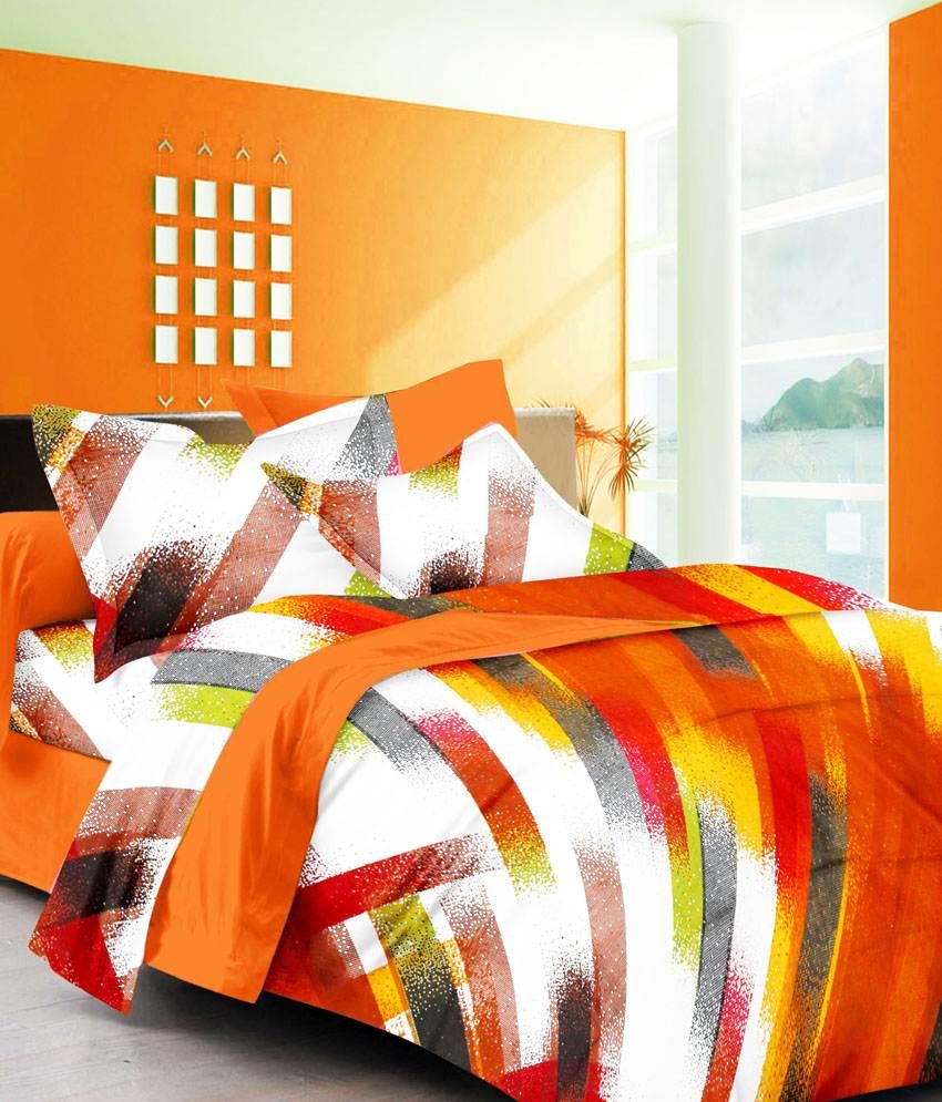 SEJ by Nisha Gupta Orange Contemporary Cotton King Size Bed Sheet with