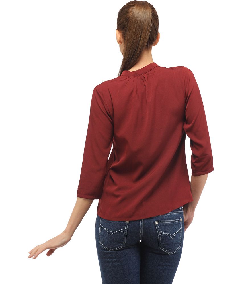 Meee Maroon Poly Crepe 3 4th Sleeve Sleeve Round Neck Regular Top Buy