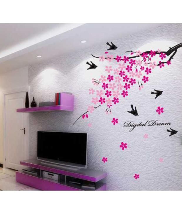     			HOMETALES Pink Flower Branch with Birds Sticker ( 150 cm x 92 cm)