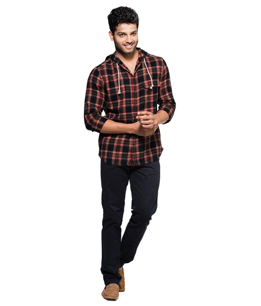 red and black check shirt with hood