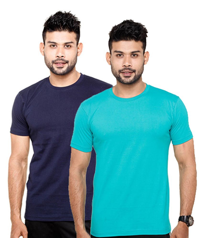     			Fleximaa Navy Blue & Turquoise Round Neck T-Shirts (Pack of 2)
