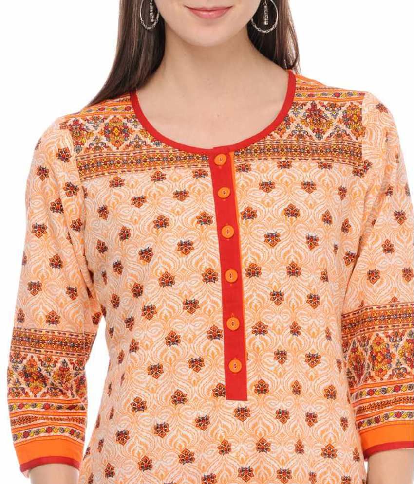 Taaga Orange Cotton Printed Round Neck Kurti - Buy Taaga Orange Cotton ...