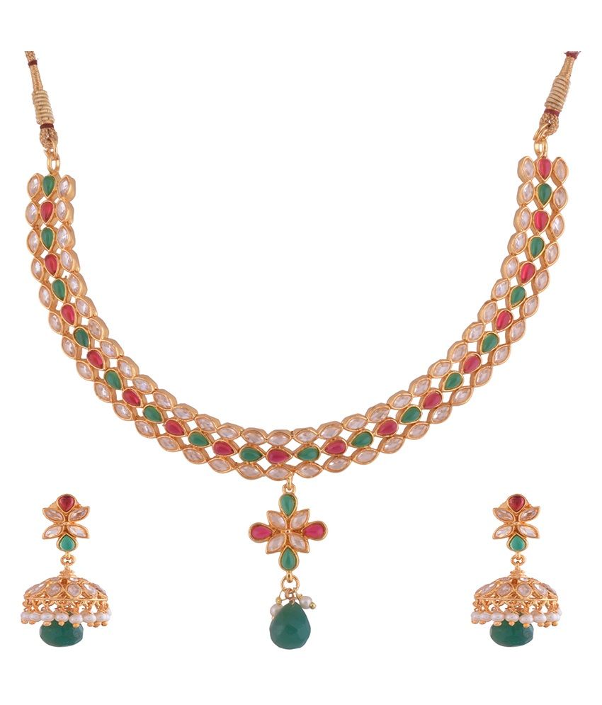 1 gram gold plated necklace set with white, ruby and green cz stones