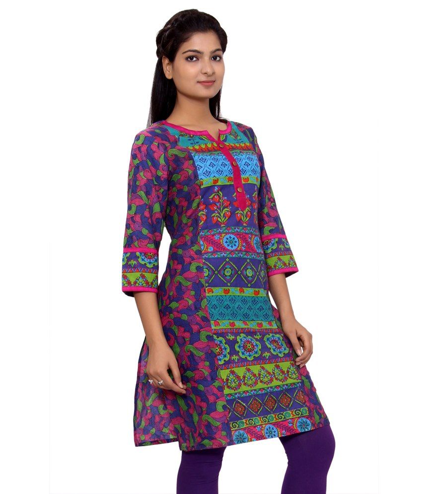 Pakhi Jaipur Multi Color Cotton Bagru Printed Round Neck Kurti - Buy 