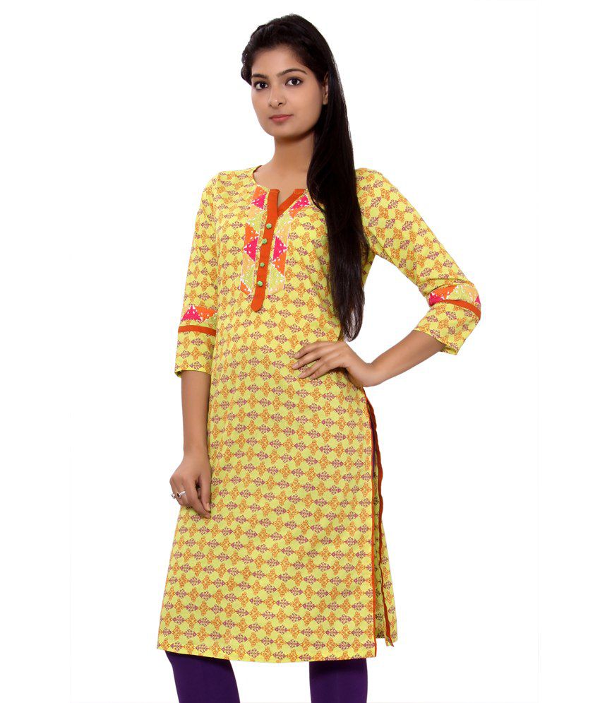 Pakhi Jaipur Yellow Cotton Bagru Printed V-Neck Kurti - Buy Pakhi ...