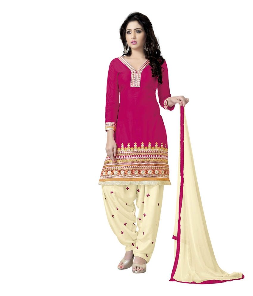     			Jevi Prints Pink & Beige Cotton Embroidered Salwaar Kameez Dress Material