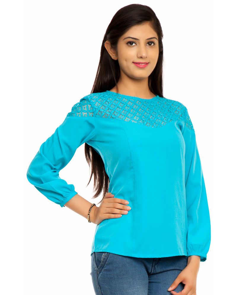 Femninora Blue Lace Polyester Full Sleeves Round Neck Casual Top - Buy Femninora Blue Lace 
