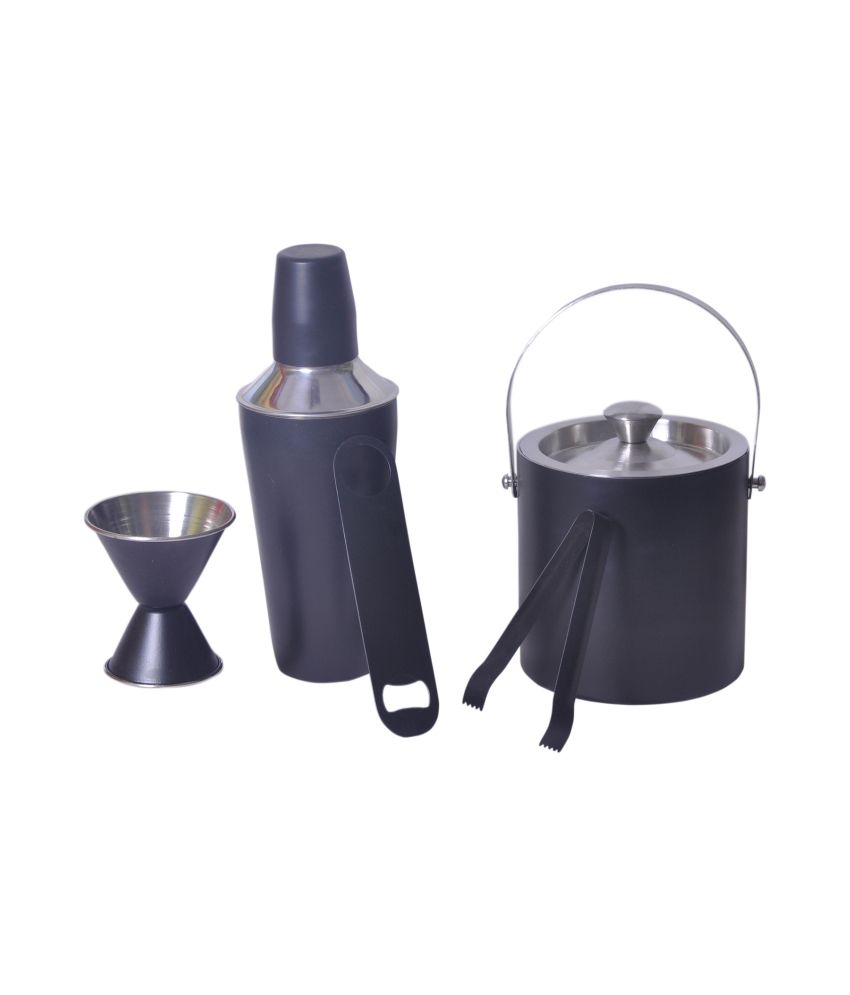    			Dynore Black Cocktail Shaker Double Sided Peg Measure Double Wall Ice Bucket And Ice Tong And Bottle Opener - Set Of 5