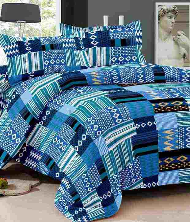 Ahmedabad Cotton Blue Cotton Single Bed Sheet With 2 Pillow Covers