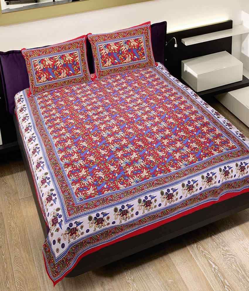 Rangasthali Rajasthani Jaipuri Mughal Print Double Bedsheet with 2
