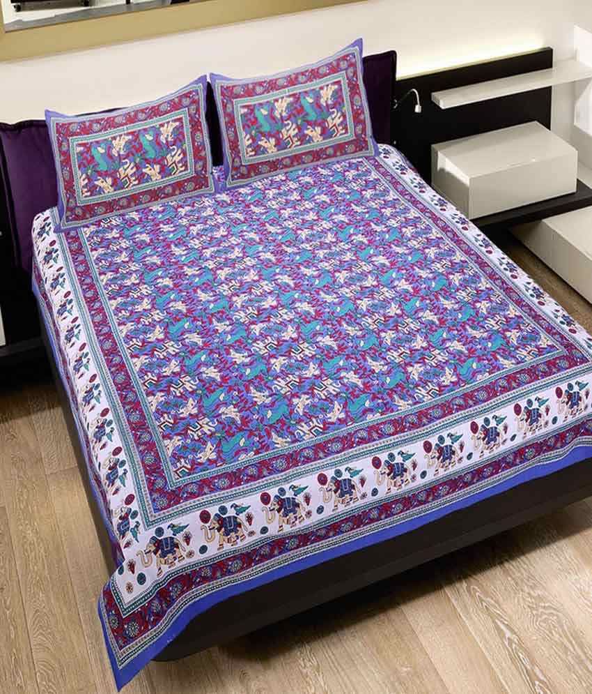 Rangasthali Rajasthani Jaipuri Mughal Print Double Bedsheet with 2 ...