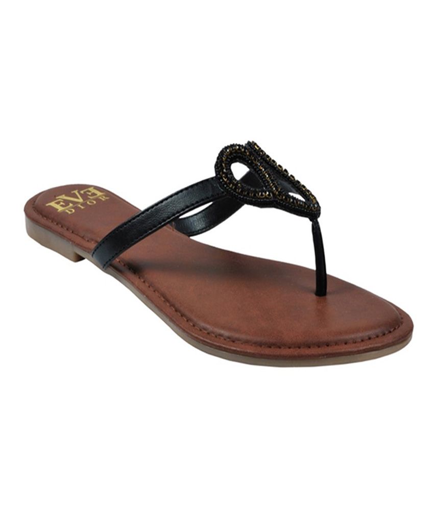 Eve Dior Black Faux Leather Flat Sandals Price in India- Buy Eve Dior Black Faux Leather Flat 