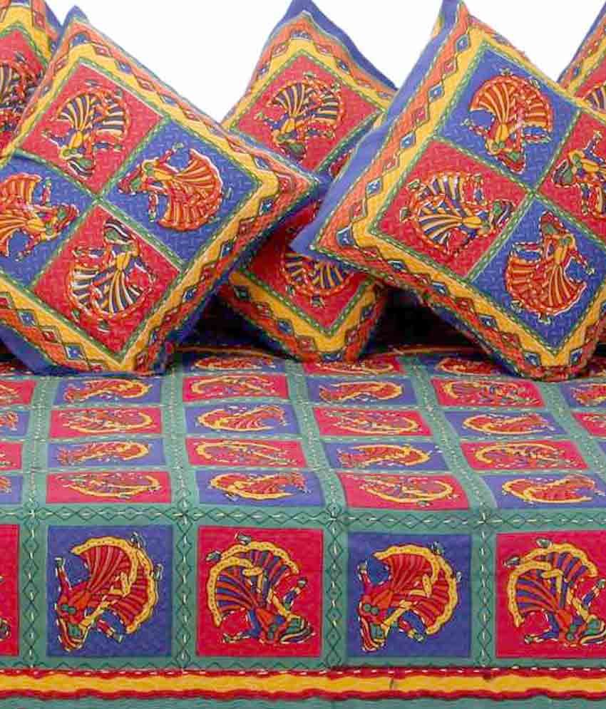 Rangasthali Printed Cotton Diwan Set (1 Diwan Bed Sheet & 5 Cushion