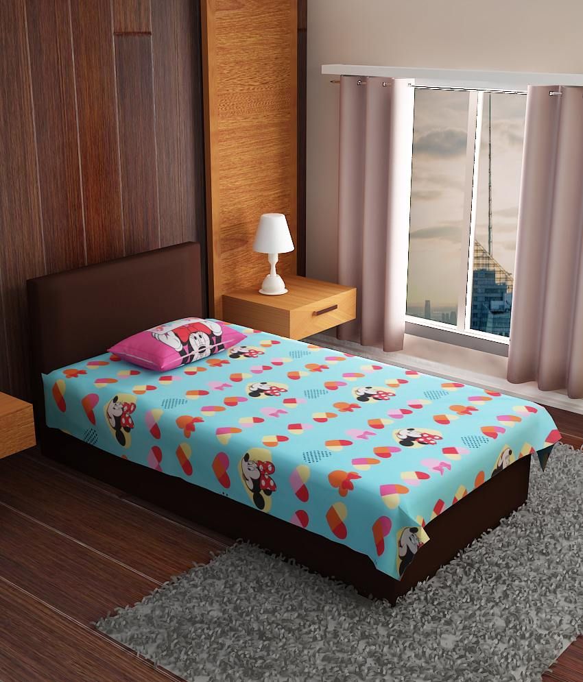 Bombay Dyeing Blue & Pink Printed Cotton Single Bed Sheet With 1 Pillow