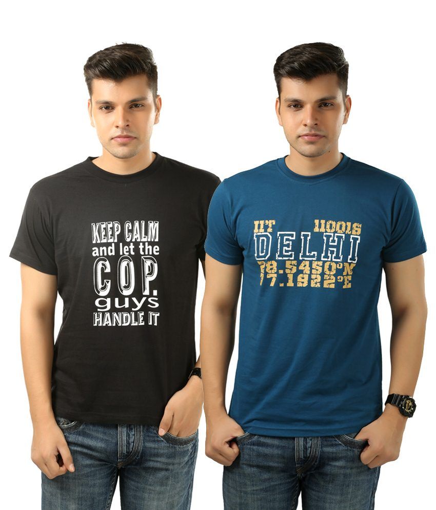 Posh 7 Classy Combo Of 2 Blue & Black Printed Round Neck T Shirts For