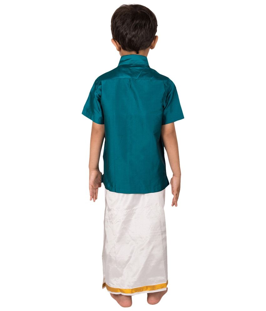 blue shirt and dhoti