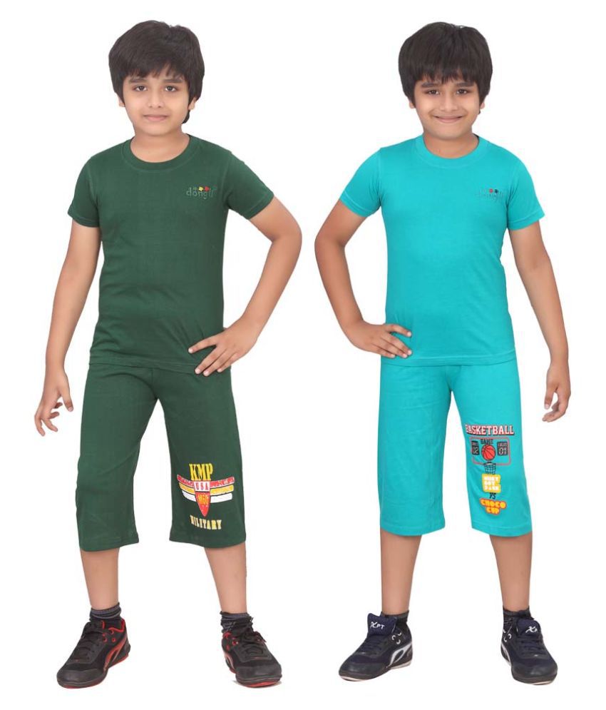     			Dongli Multicolour Cotton T-Shirt and Three Fourth for Boys - Pack of 2