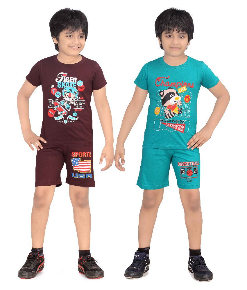     			Dongli Multicolor Cotton T-Shirt & Shorts - Pack of 2