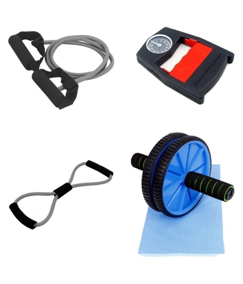Mor Sporting Combo Of Single Toning Tube 8 Shapped Yoga Latex Tube Hand Power Grip Dyanometer And Ab Wheel Max