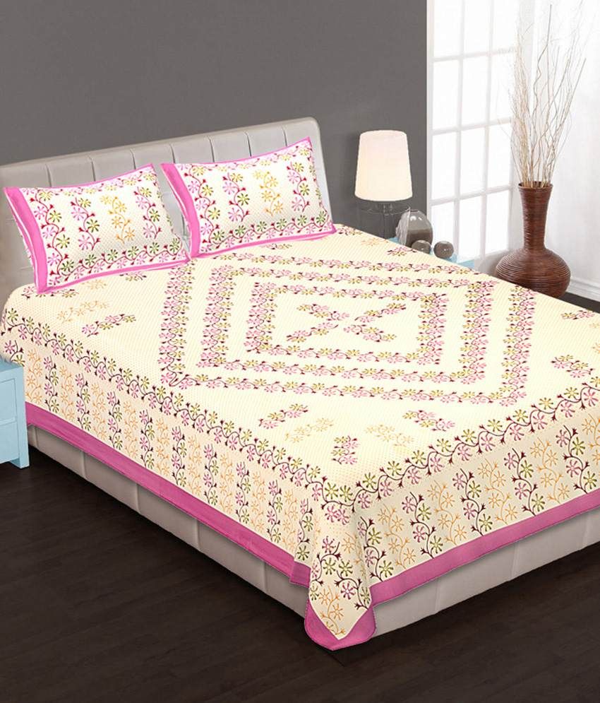 Bedding Bazar King Size Jaipuri Cotton Printed 1 Double Bedsheet with 2