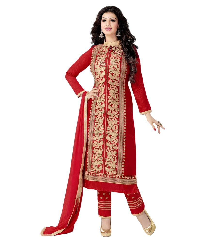 Uttam Vastra Red Chanderi Straight Unstitched Dress Material - Buy ...