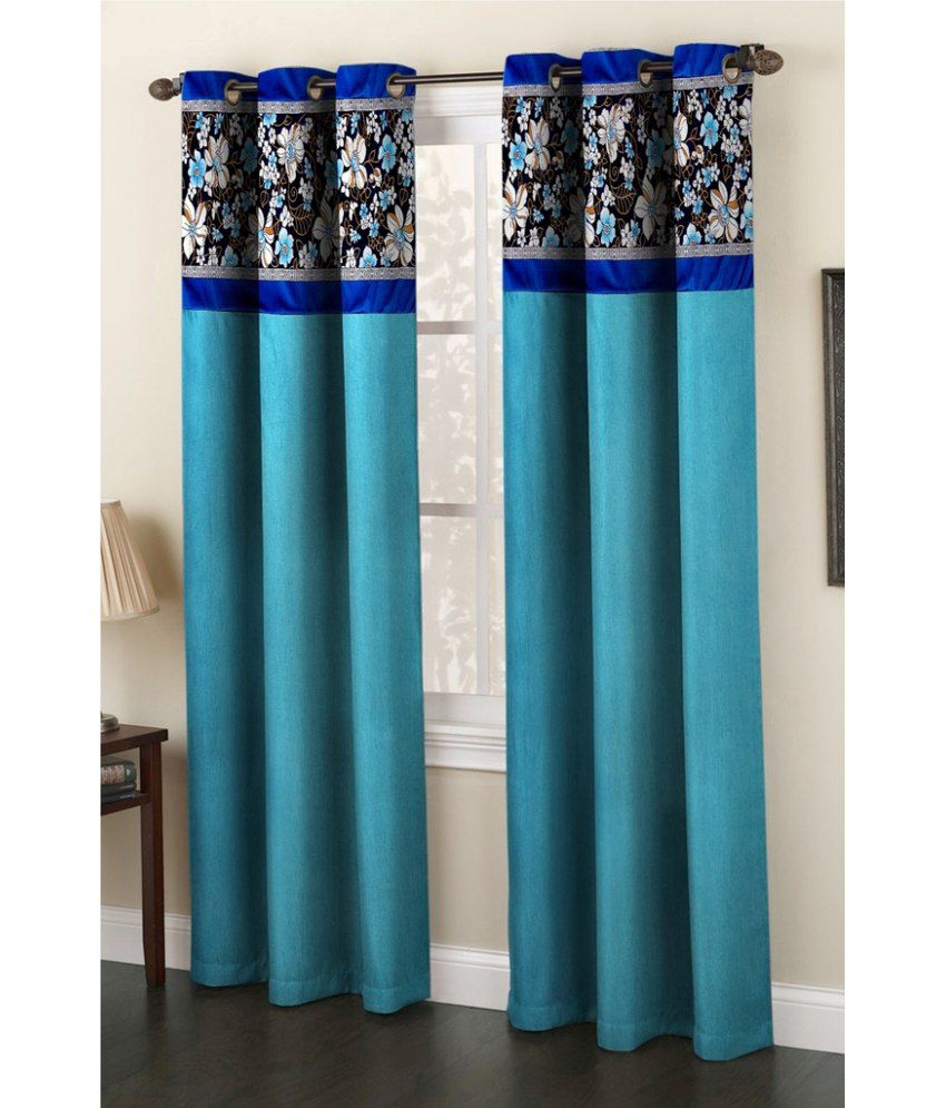     			Homefab India Plain Semi-Transparent Eyelet Door Curtain 7ft (Pack of 2) - Blue