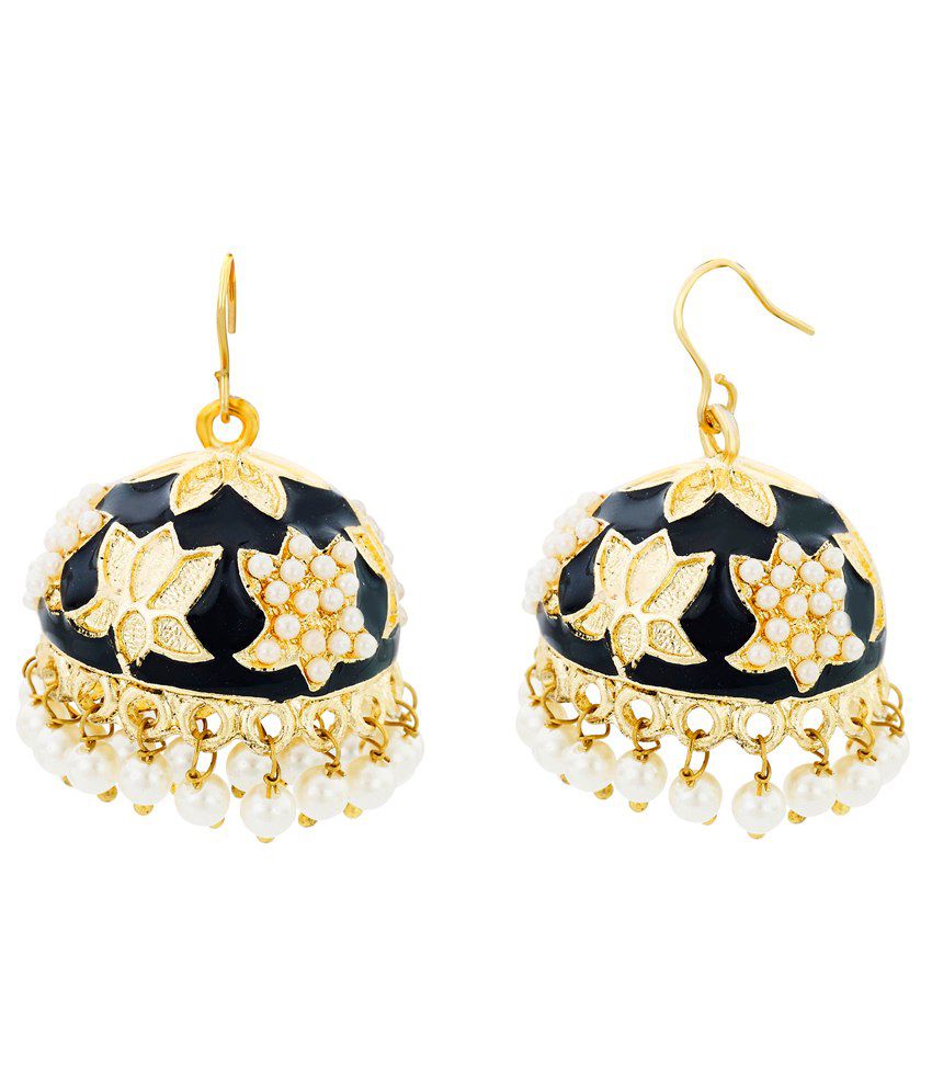     			The Jewelbox Lotus Gold Plated Black Meenakari Jhumki Earring for Women