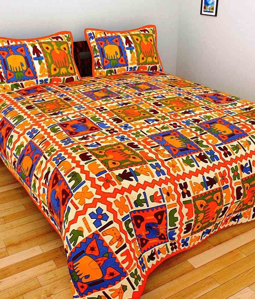     			UniqChoice Multi Color Traditional Design Double Bedsheet with 2 pillow Covers