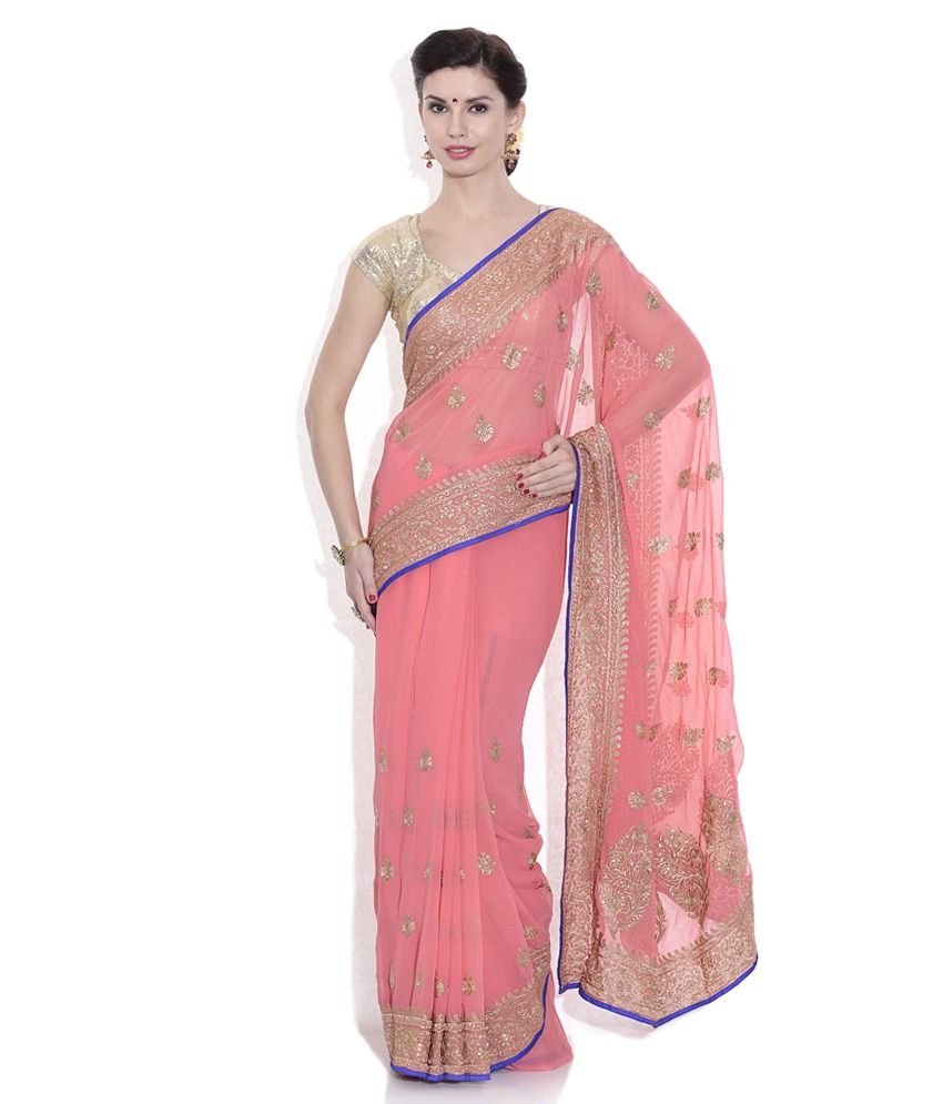 Pothys Pink Chiffon Printed Saree with Blouse Piece Buy Pothys Pink Chiffon Printed Saree with
