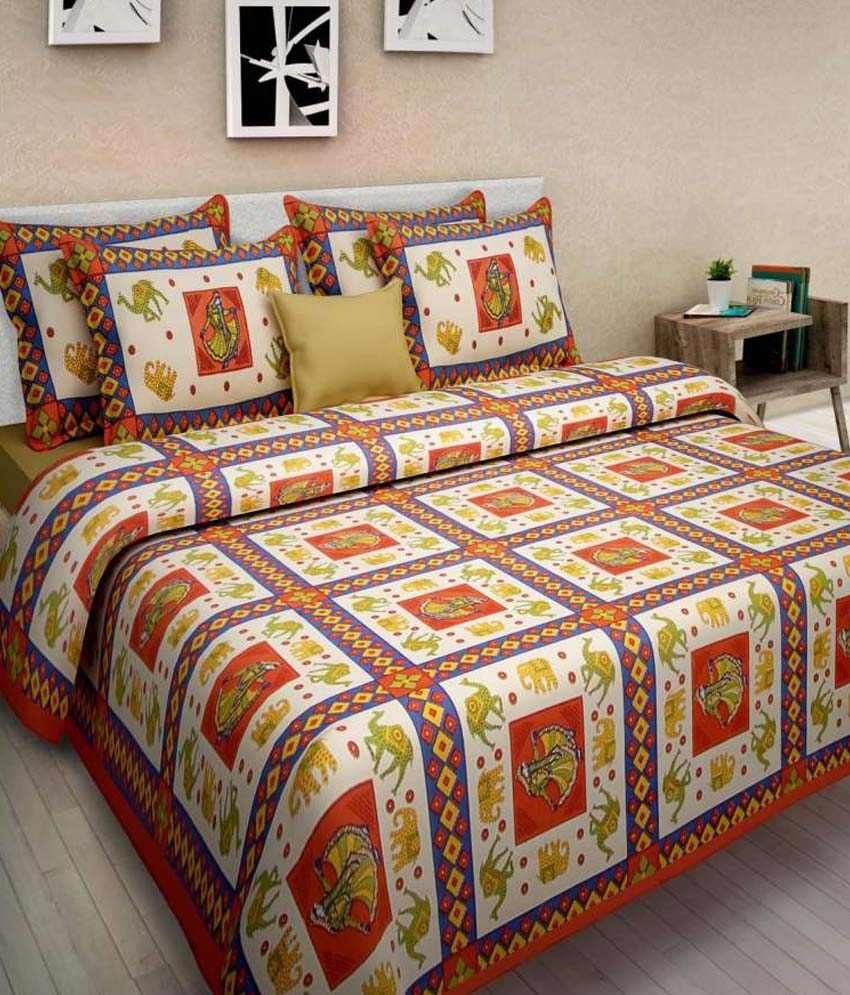Kismat Collection Multicolour Ethnic Cotton Double Bedsheet With 2 Pillow Covers Buy Kismat