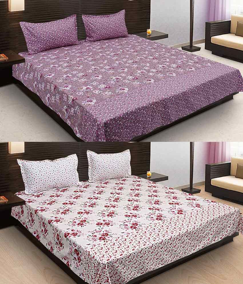 Home Basics Criss Cross Multicolour Poly Cotton 2 Bedsheets With 4