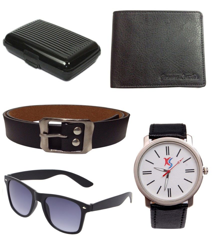 Keepsake Combo Of Black Men Wallet, Belt, Watch, Wayfarer  