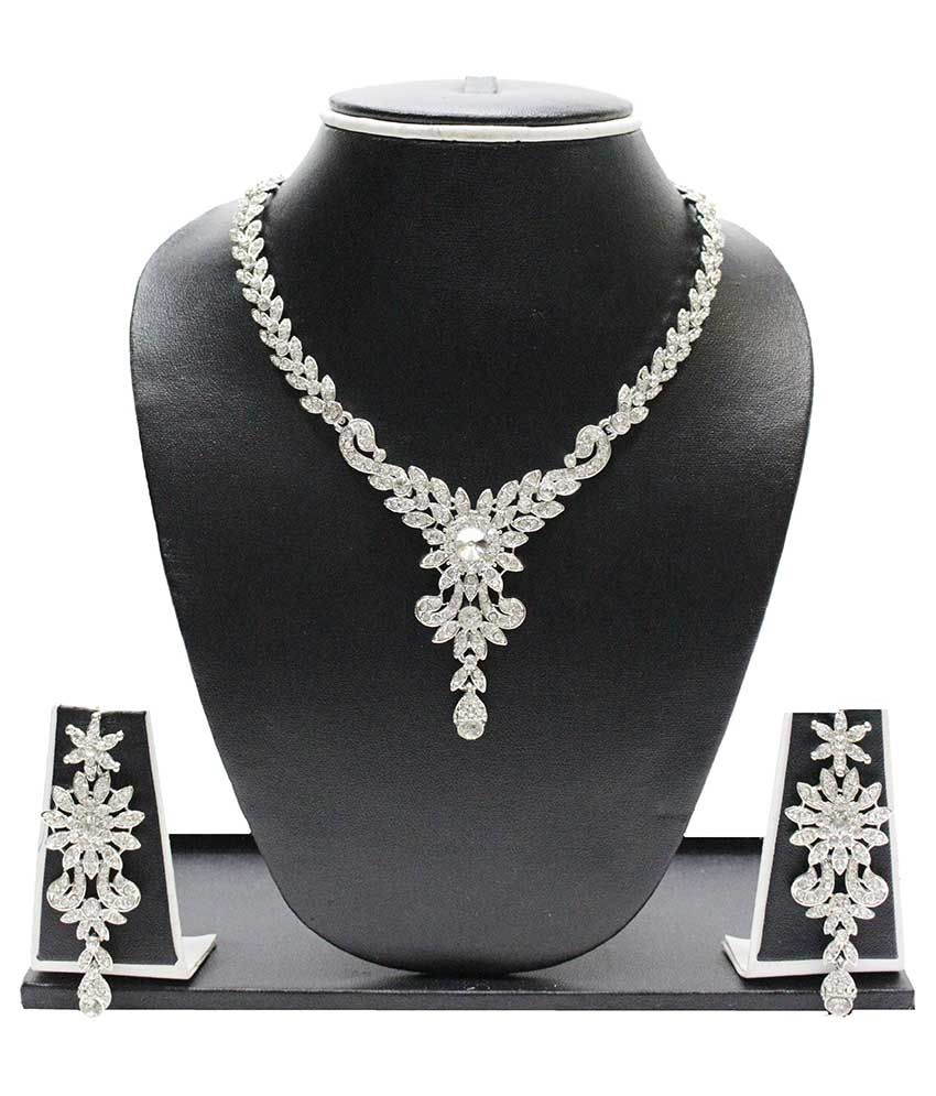 Zaveri Pearls Silver Designer Austrian Diamond Necklace Set Buy