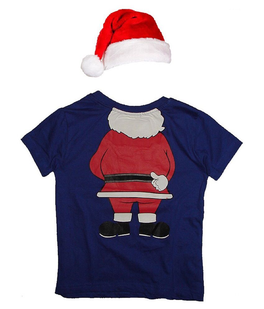 Sonpra Blue Cotton Santa Claus Printed T Shirt with Red Merry Christmas Cap 2
