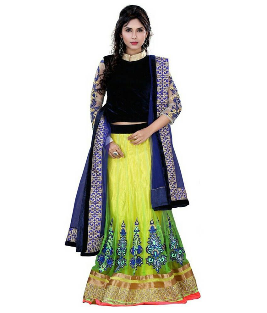 Mahadev Fashion Yellow And Navy Net Lehenga - Buy Mahadev Fashion ...