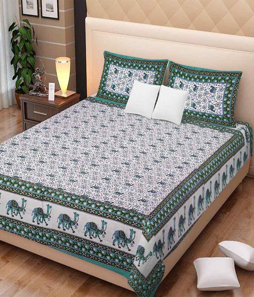     			Uniqchoice White And Green Cotton Printed Double Bedsheet With Two Pillow Covers