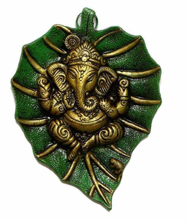     			Rigvi Multicolored Metallic Ganesh Idol On Green Leaf