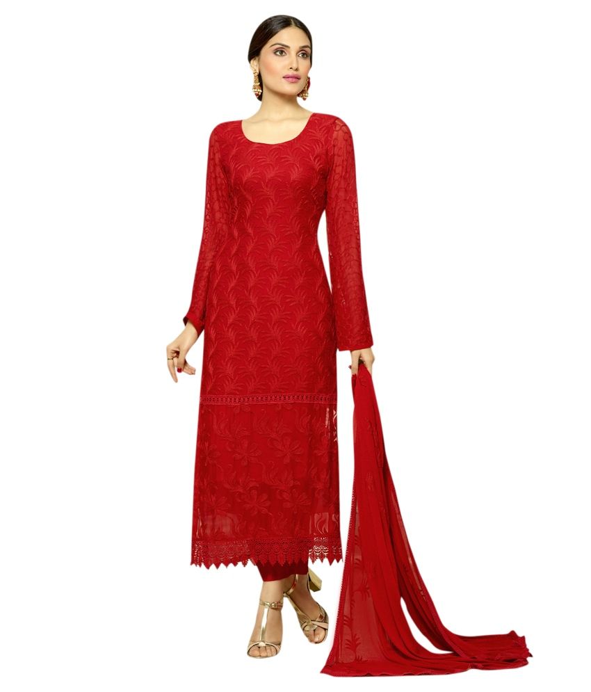 red chiffon suit