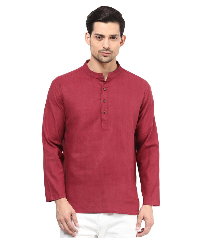     			Vivid India Red Festivewear Linen Short Kurta
