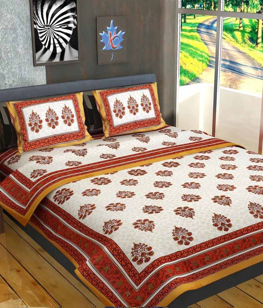 Bombay Cotton Multicolor Cotton Double Bed Sheet With 2 Pillow Cover
