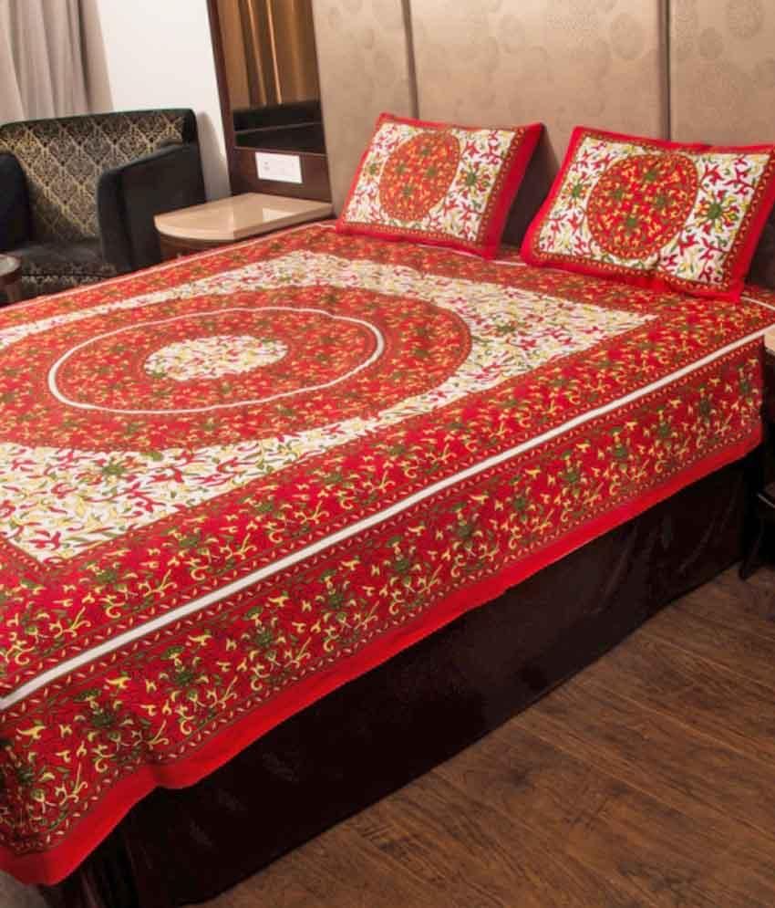 Rajasthani Bedsheet Red Floral Cotton Bedsheet With 2 Pillow Covers