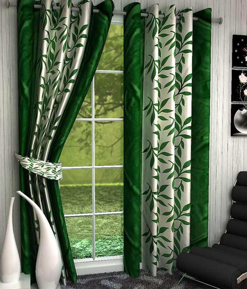     			Panipat Textile Hub Floral Semi-Transparent Eyelet Door Curtain 7 ft Pack of 2 -Green