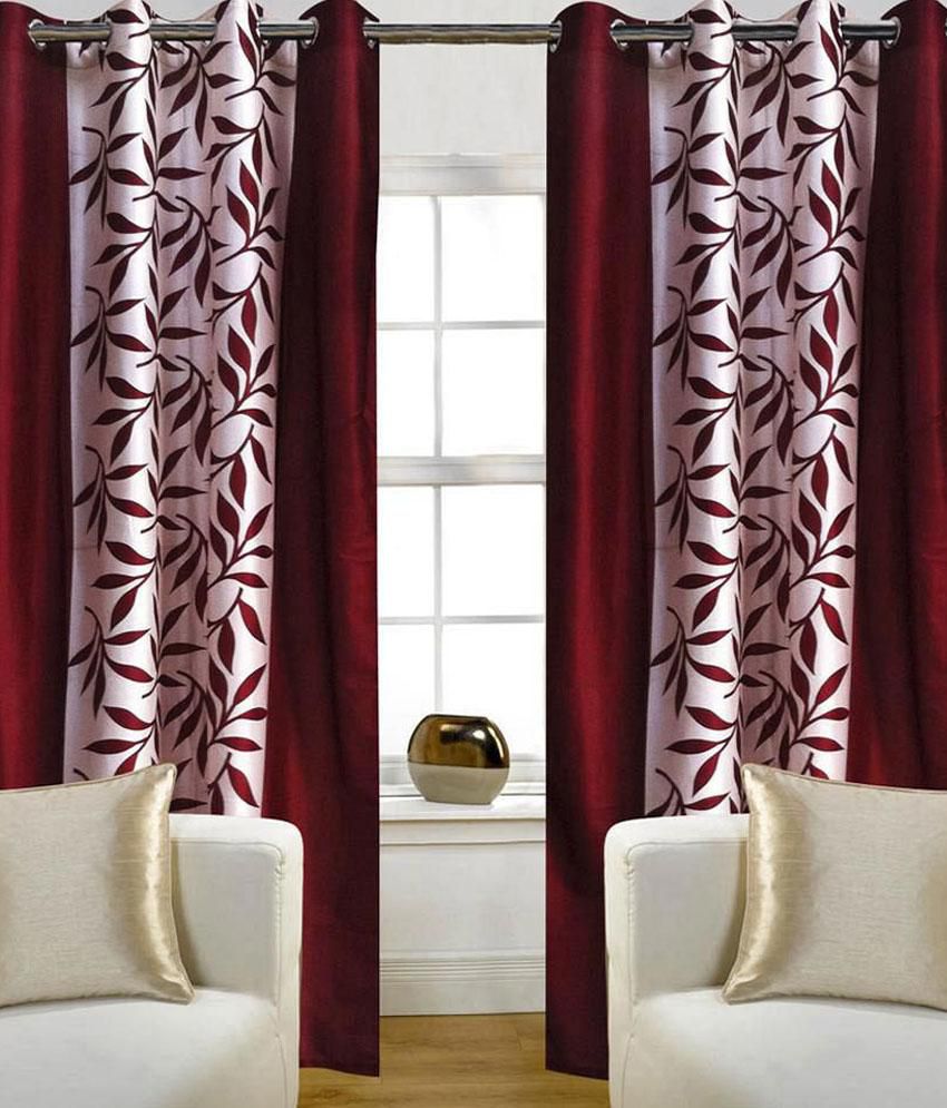     			Panipat Textile Hub Floral Semi-Transparent Eyelet Door Curtain 7 ft Pack of 2 -Red