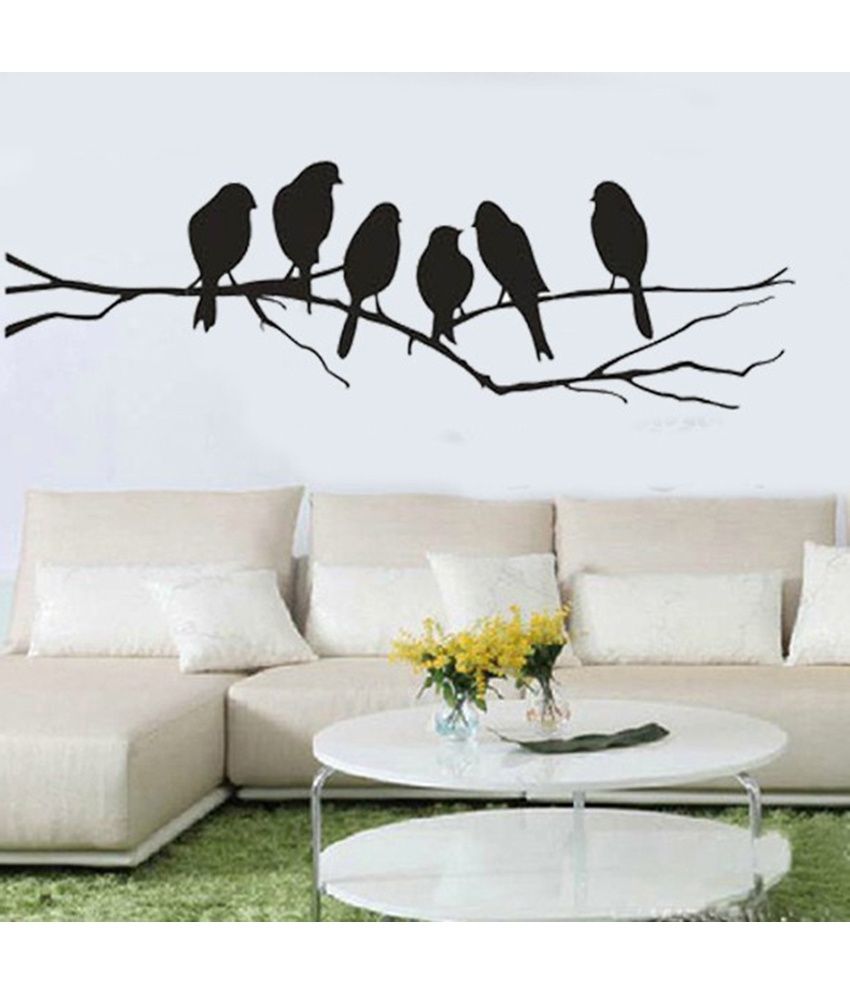 Stickerskart Wall Decals Black Sparrows Branch Silhouette Wall Sticker 