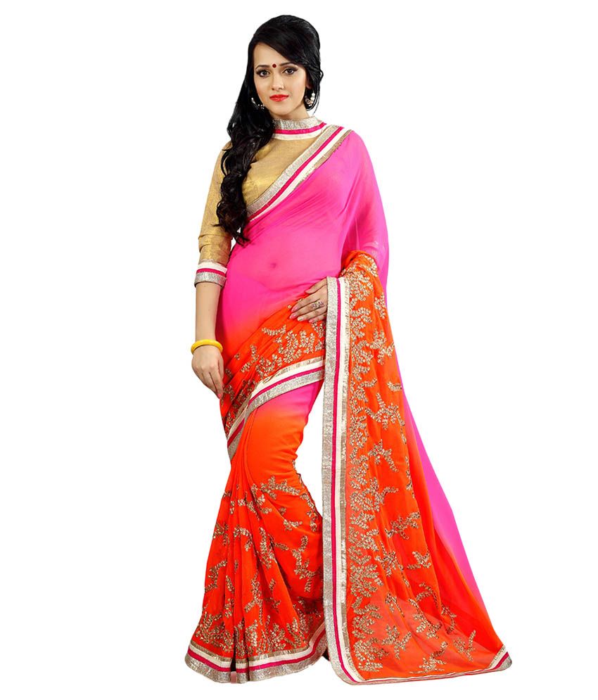 SILK MANDIR ETHNIC PARK Pink Georgette Saree - Buy SILK MANDIR ETHNIC ...