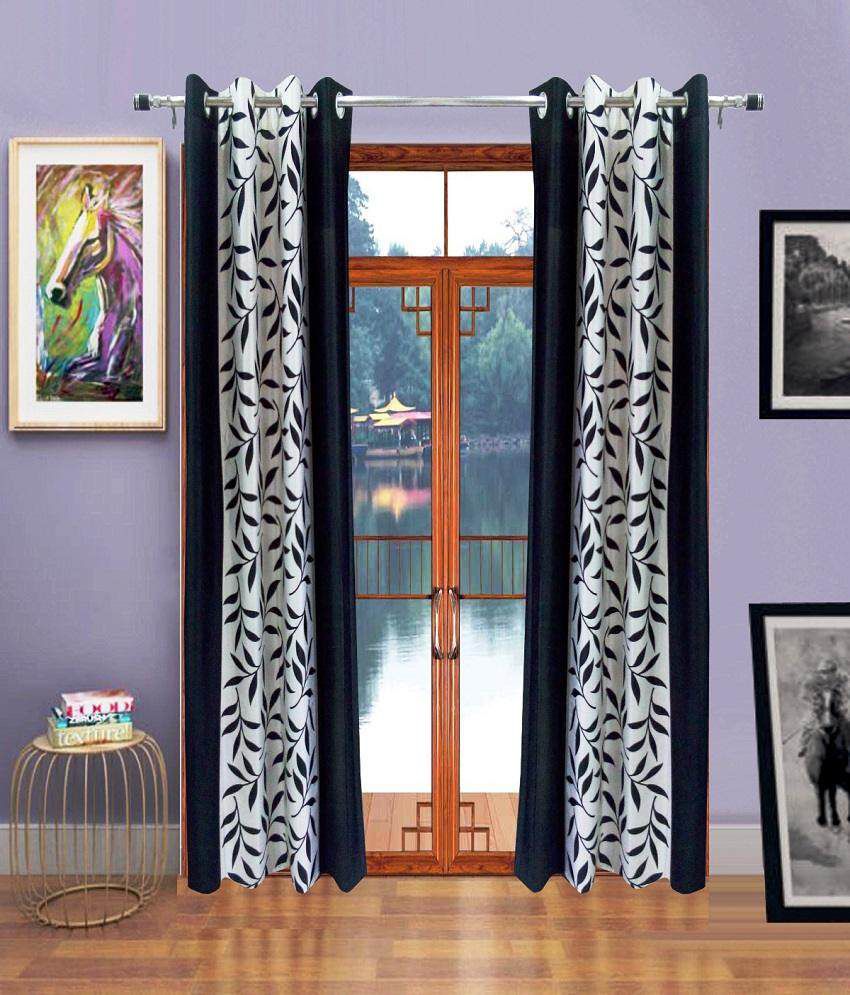     			Panipat Textile Hub Printed Semi-Transparent Eyelet Door Curtain 7 ft Pack of 2 -Black
