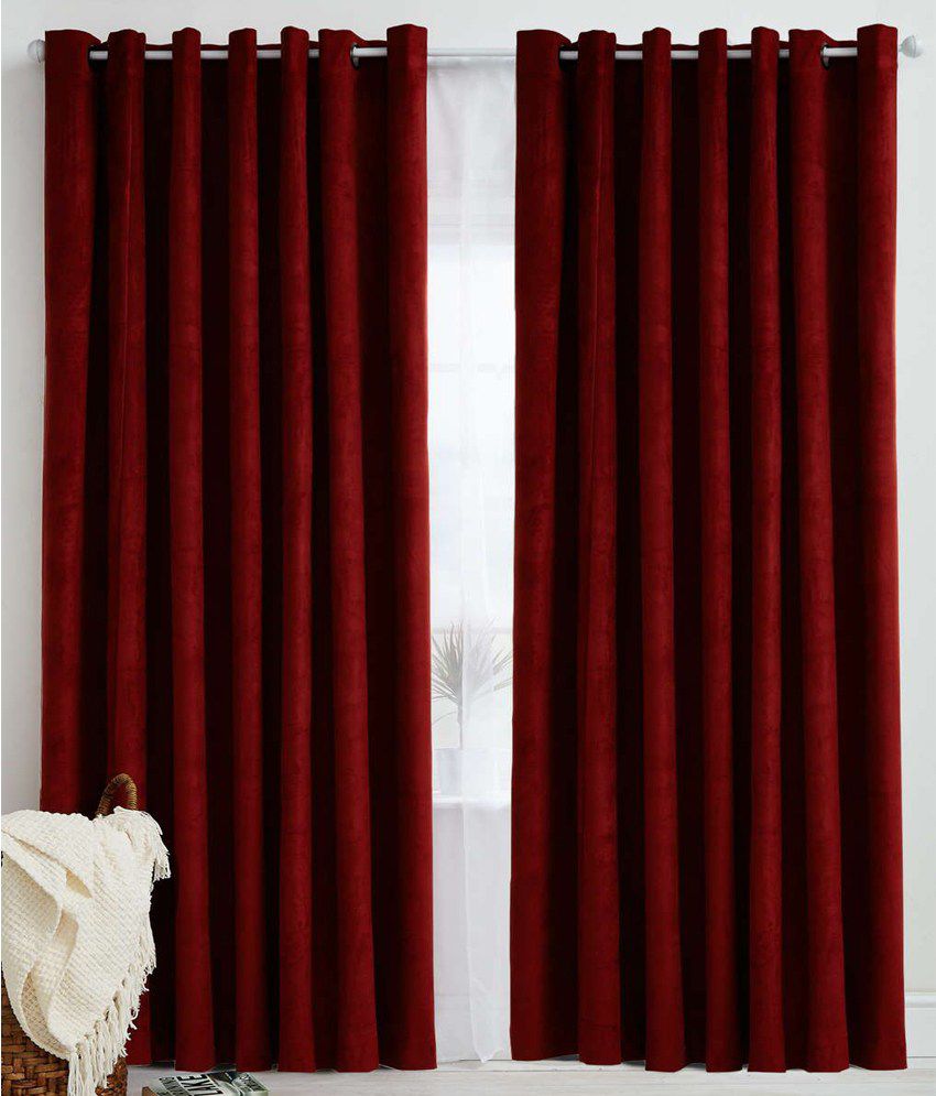     			Panipat Textile Hub Solid Semi-Transparent Eyelet Door Curtain 7 ft Pack of 2 -Red